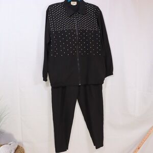 Teddi Pant Set Vintage 12/S Black Womens‎ Polka Dot Zip Up Jacket Trousers